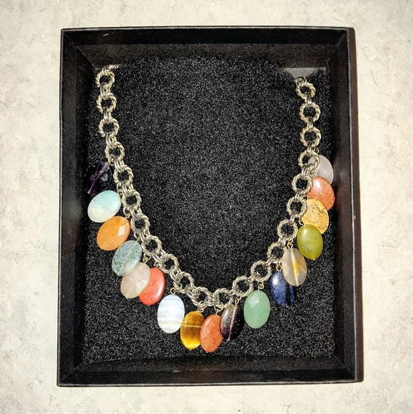 VINTAGE MULTI-WIRED SILVER NATURAL & SYNTHETIC GEMSTONE DANGLE NECKLACE UPTO 18" - Picture 3 of 11